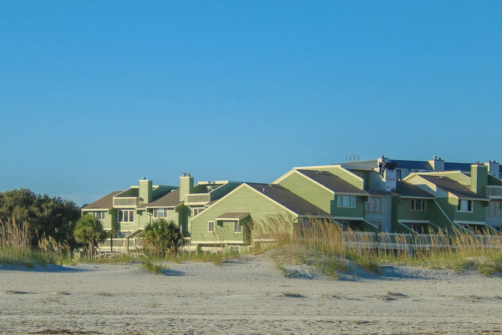 Green beachfront condominium buildings behind the dunes on a Lowcountry beach