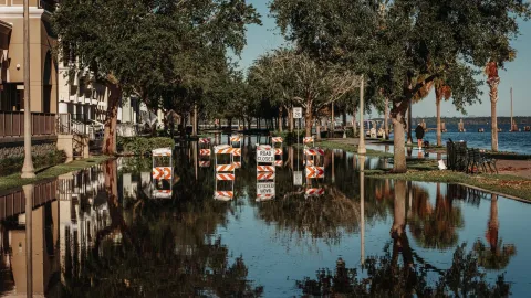 Floodwater covering a tree-lined coastal street with road-closed barricades reflected in the water.