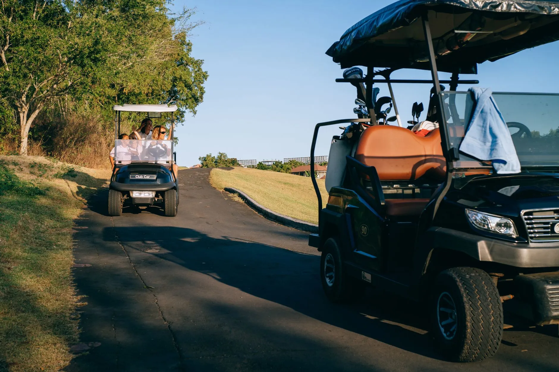A relaxing scene of family leisure with golf carts on a sunny golf course path.