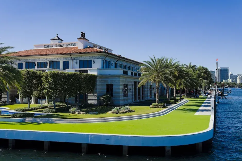 A luxury waterfront estate home with palm trees and a seawall