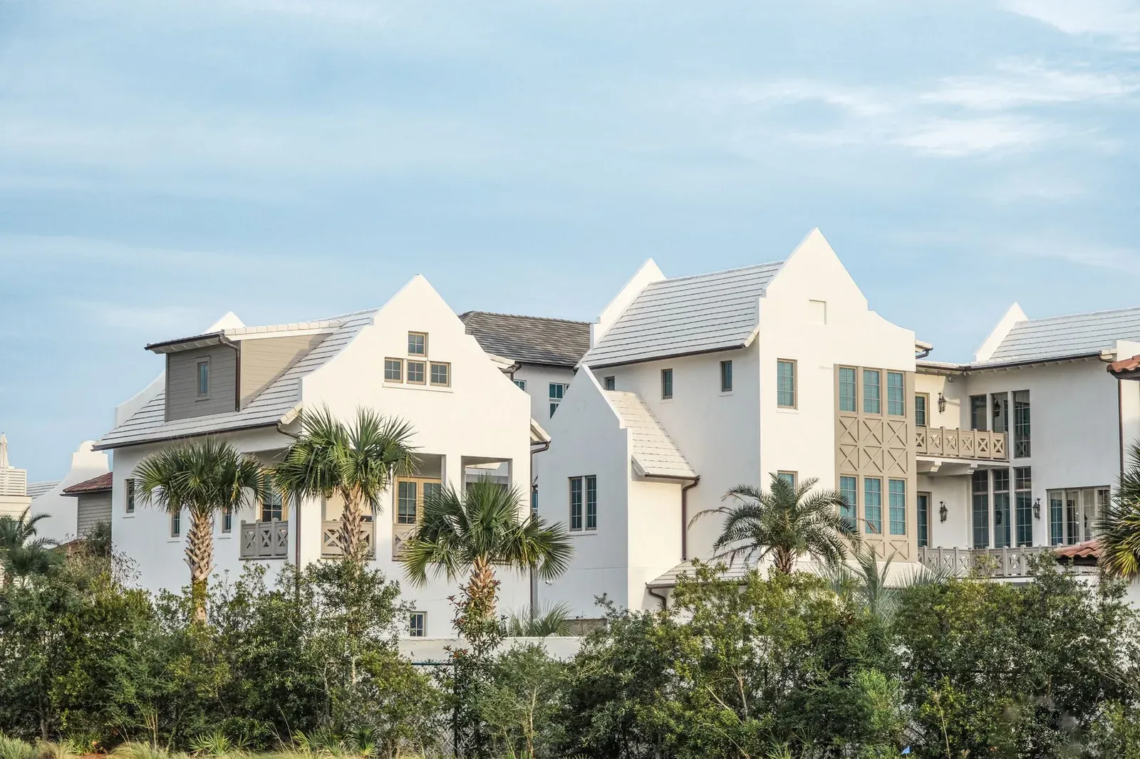 White Lowcountry-style homes with palm trees under a clear blue sky in coastal South Carolina.