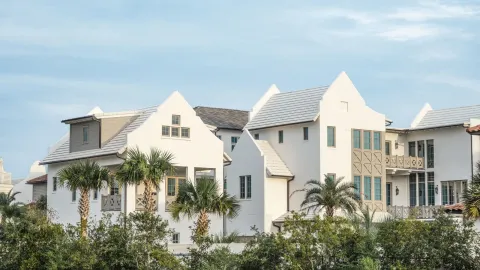 White Lowcountry-style homes with palm trees under a clear blue sky in coastal South Carolina.