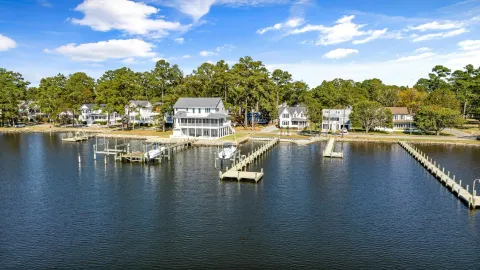 Aerial view of waterfront homes and docks in Belhaven, NC on a sunny day.