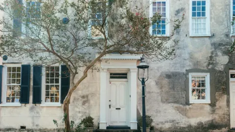 A beautiful historic house facade with lush tree and classic architecture features.