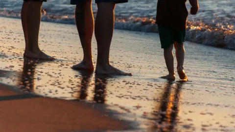Silhouettes of a family walking along the beach at sunset, enjoying a peaceful moment together.
